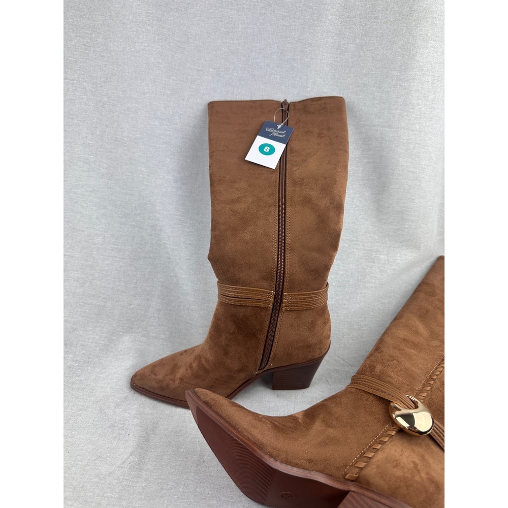 Universal Thread Womens Cognac Faux Suede Tall Boots Pointed Toe Gold Detail‎ 8 - Picture 5 of 6